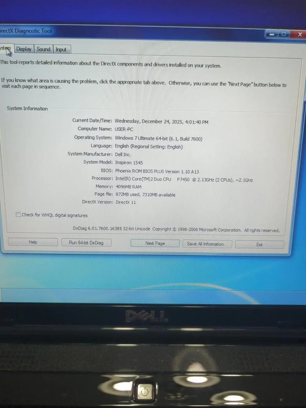 Dell Inspiron 1545 (win 7-3gb Ram - 120gb SSD -c2d- Wi-Fi - Webcam - Dvd-rw)